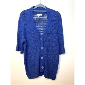 Cold Water Creek Navy Cardigan Size XL 16 Short Sleeve Button Front Crocheted